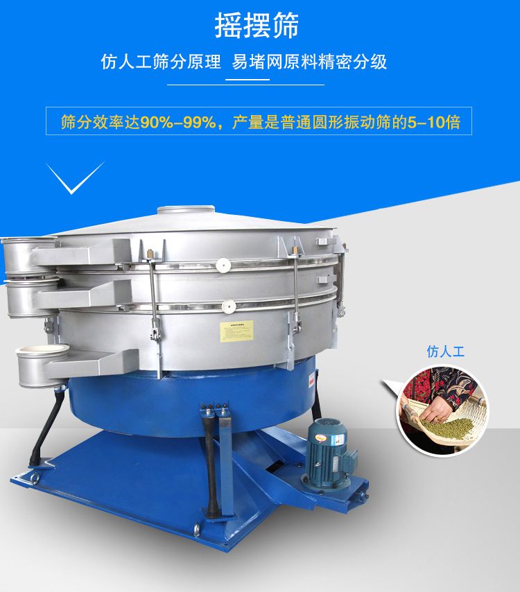 搖擺篩適合精細(xì)和超細(xì)范圍的粉末和微粒狀物料，產(chǎn)量大、精度高